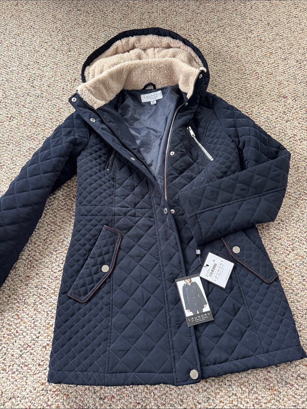 Laundry By Shelli Segal Navy Quilted Hooded Coat with Faux Shearling